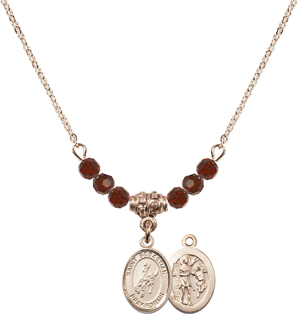 14kt Gold Filled Saint Sebastian / Rodeo Birthstone Necklace with Garnet Beads - 9191