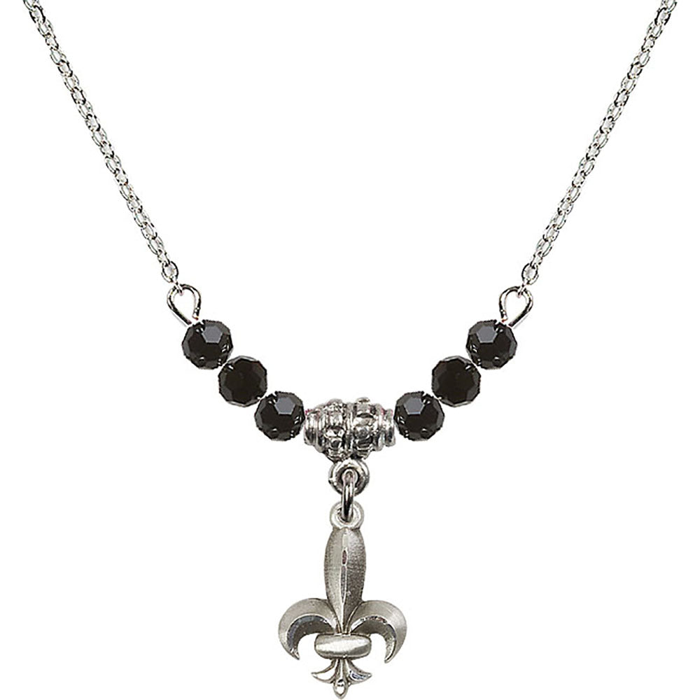 Sterling Silver Fleur de Lis Birthstone Necklace with Jet Beads - 0293