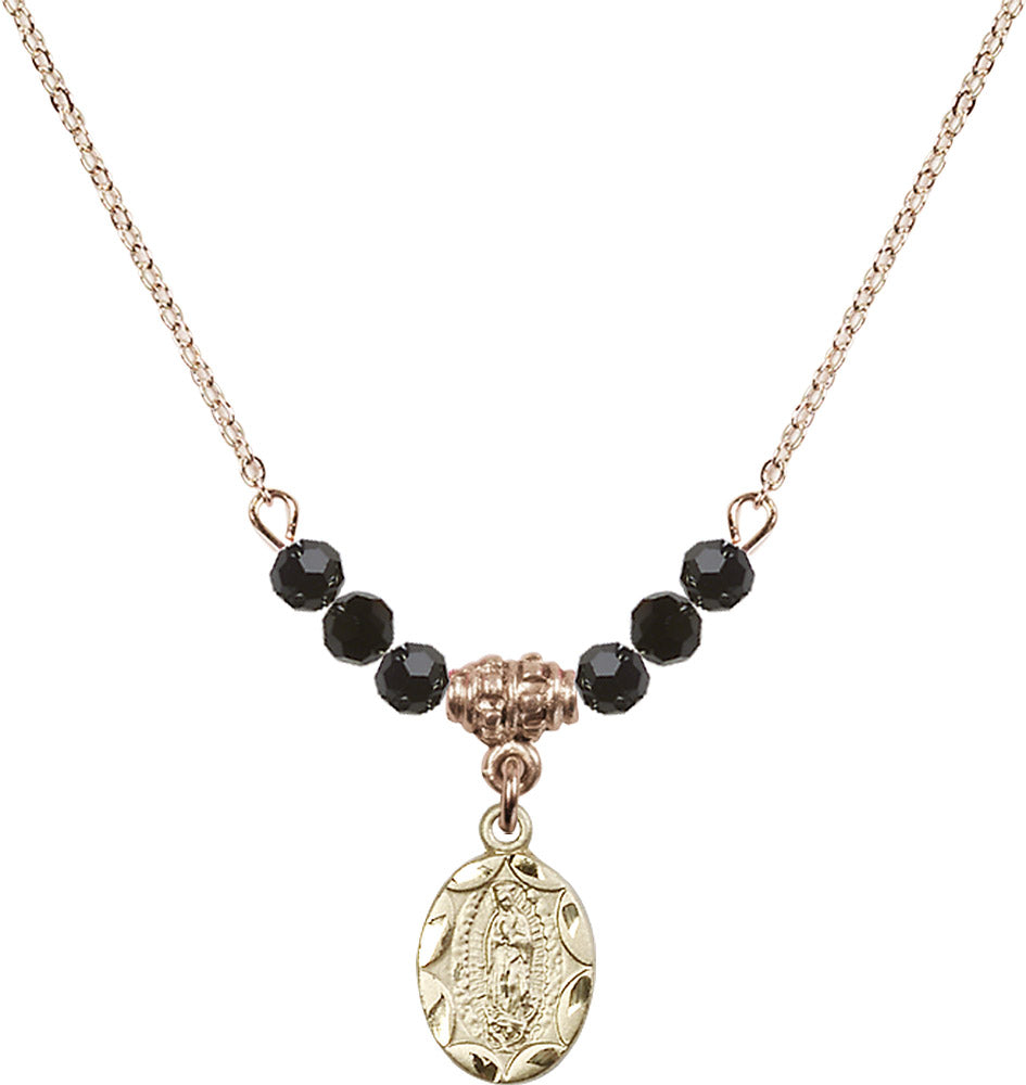 14kt Gold Filled Our Lady of Guadalupe Birthstone Necklace with Jet Beads - 0301