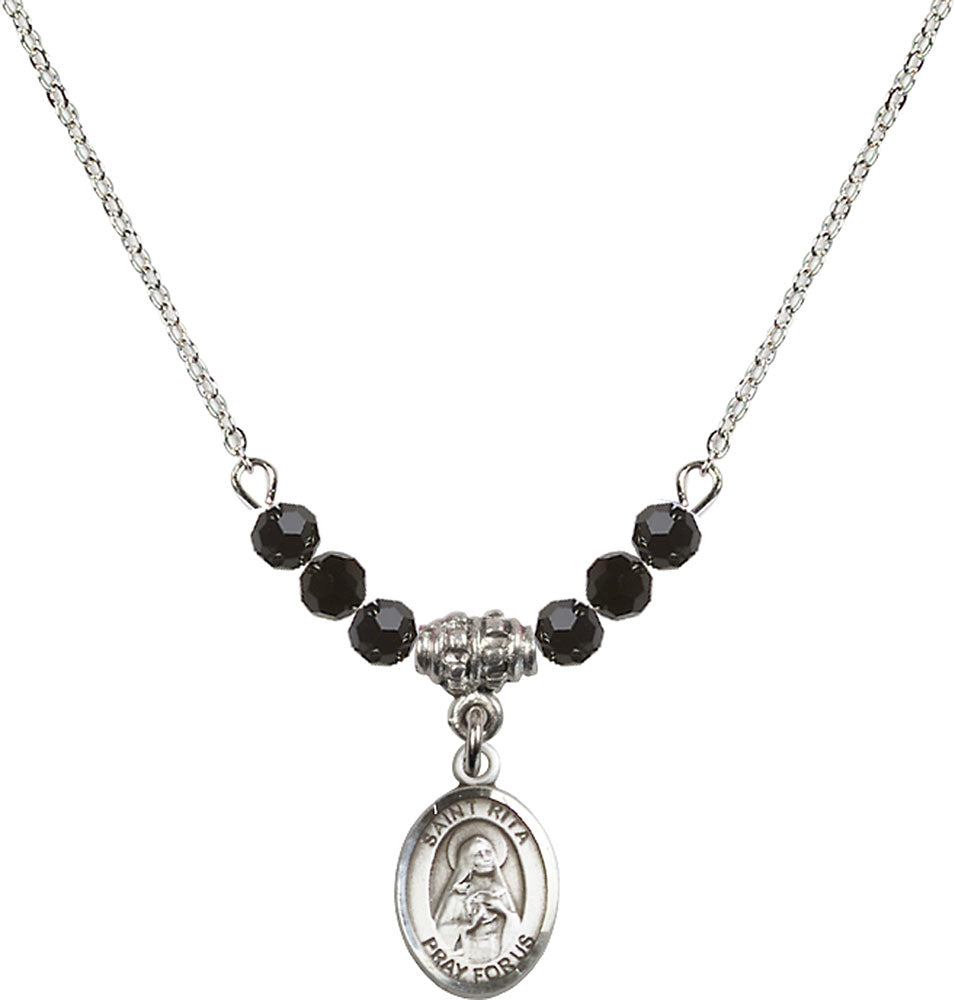 Sterling Silver Saint Rita / Baseball Birthstone Necklace with Jet Beads - 9181