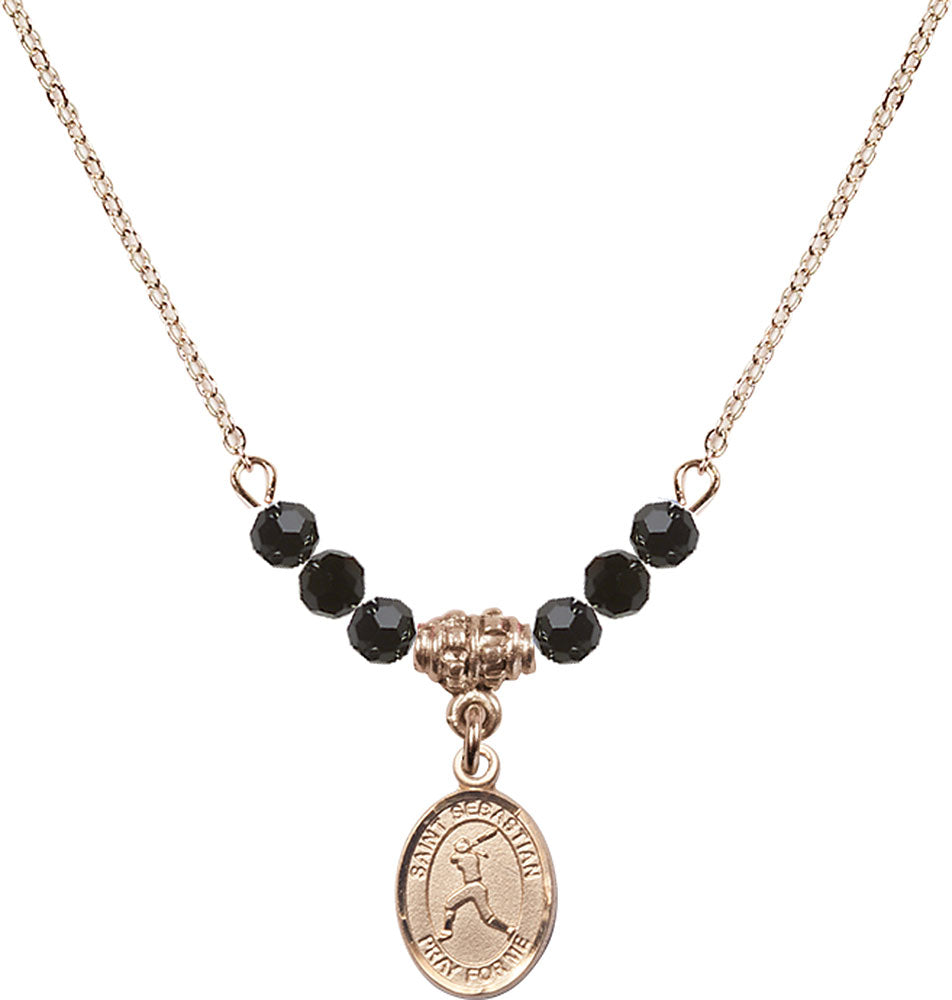 14kt Gold Filled Saint Sebastian/Softball Birthstone Necklace with Jet Beads - 9183