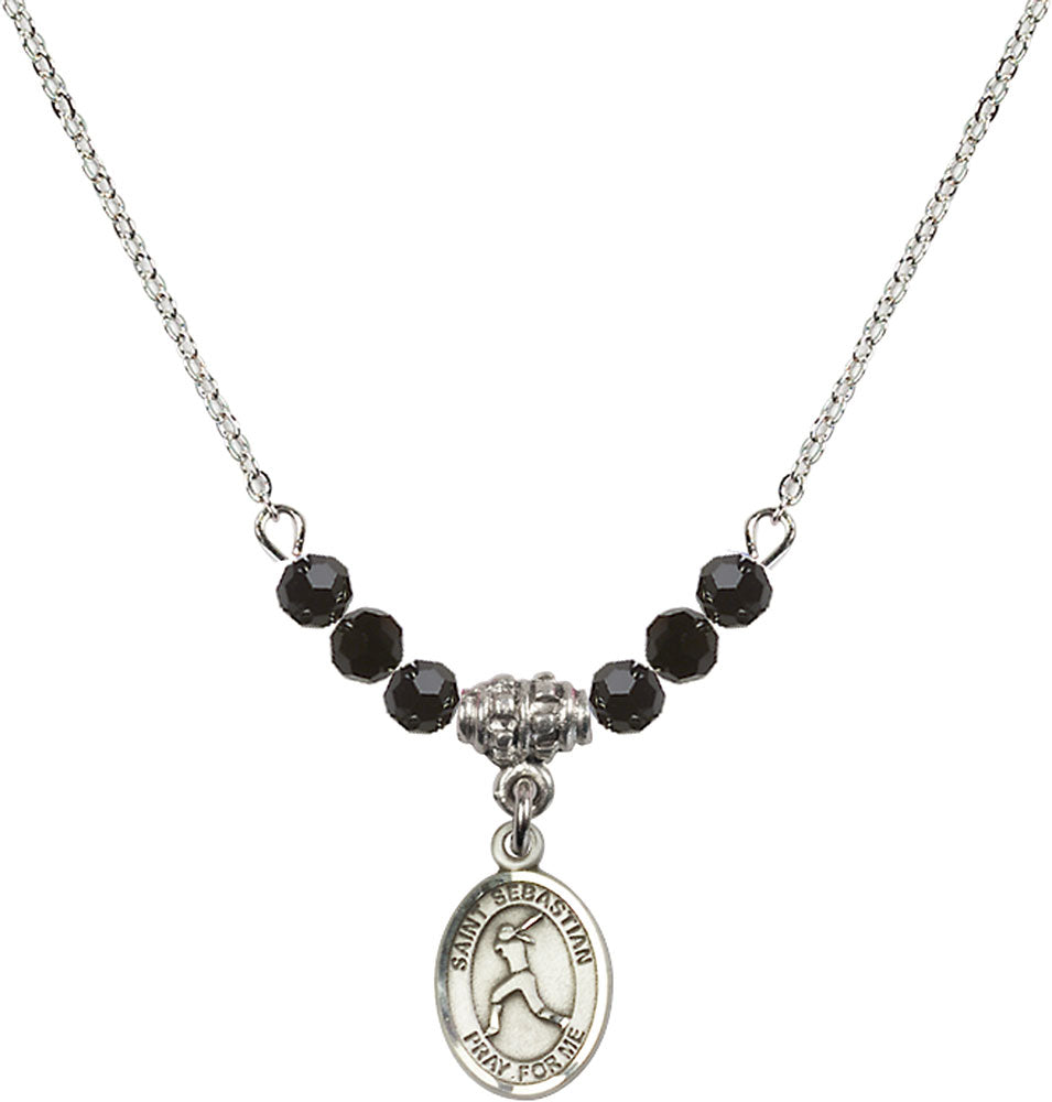 Sterling Silver Saint Sebastian/Softball Birthstone Necklace with Jet Beads - 9183