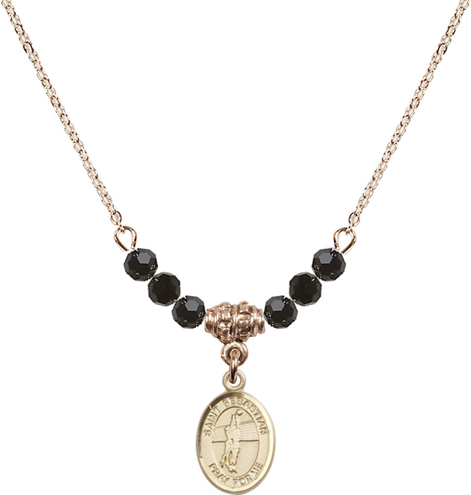 14kt Gold Filled Saint Sebastian / Volleyball Birthstone Necklace with Jet Beads - 9186