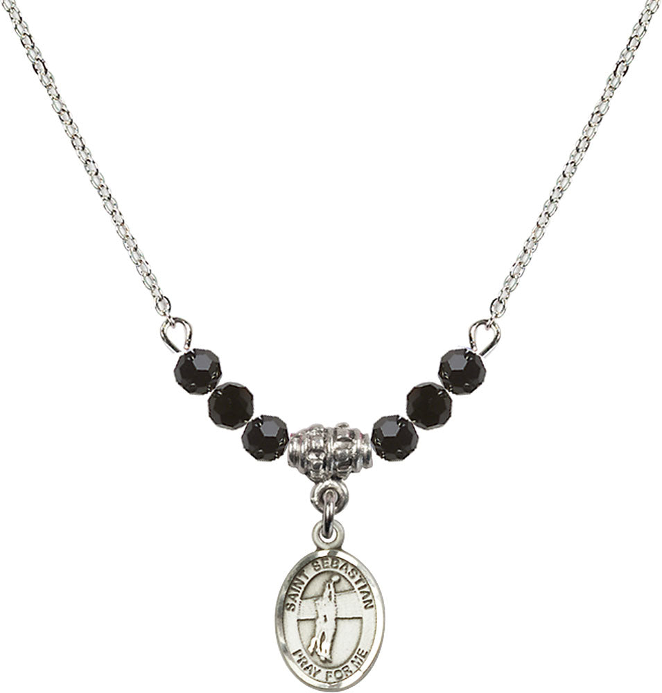 Sterling Silver Saint Sebastian / Volleyball Birthstone Necklace with Jet Beads - 9186