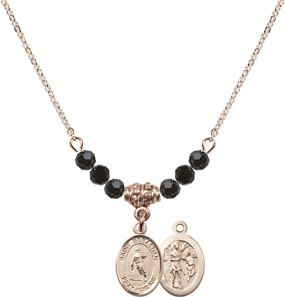 14kt Gold Filled Saint Sebastian / Rugby Birthstone Necklace with Jet Beads - 9187