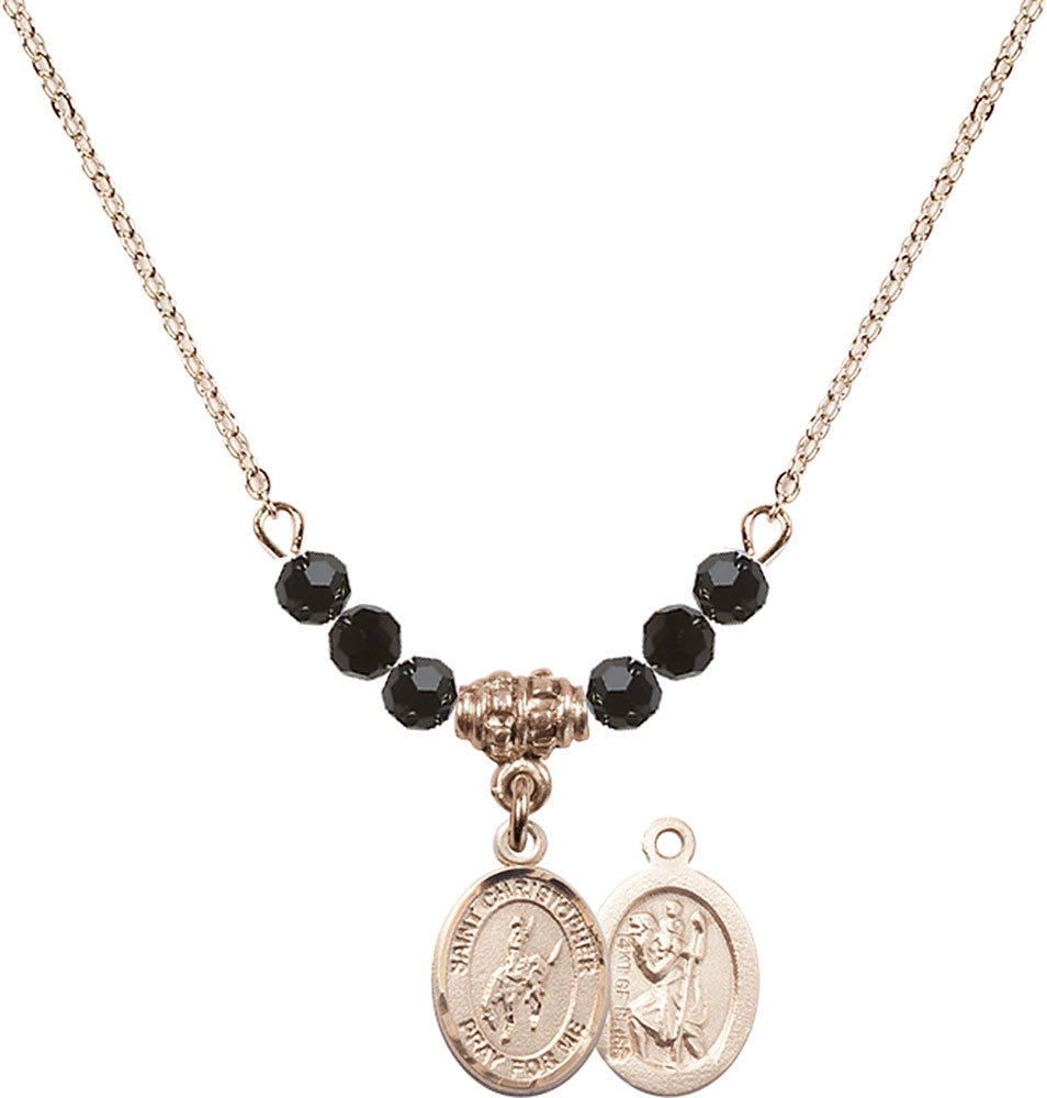 14kt Gold Filled Saint Christopher / Rodeo Birthstone Necklace with Jet Beads - 9192