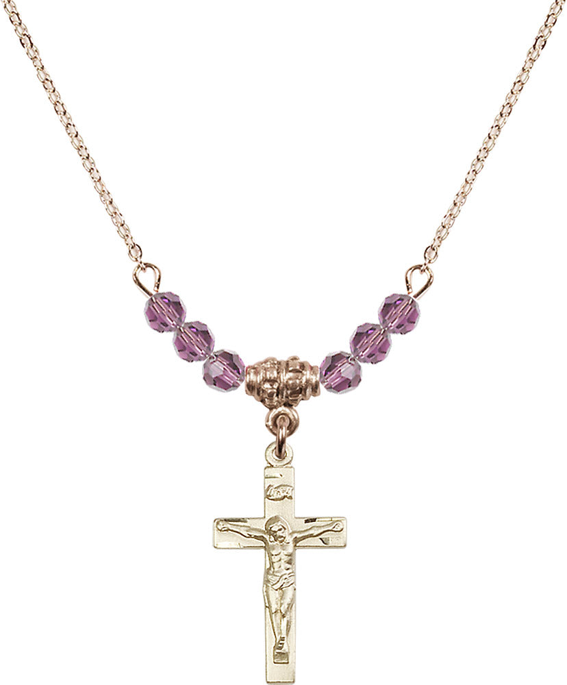 14kt Gold Filled Crucifix Birthstone Necklace with Light Amethyst Beads - 0001