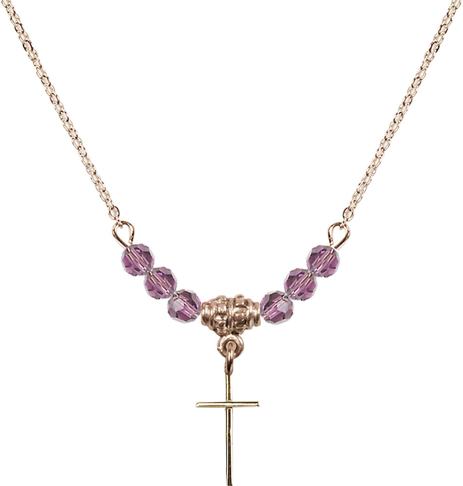 14kt Gold Filled Cross Birthstone Necklace with Light Amethyst Beads - 0014