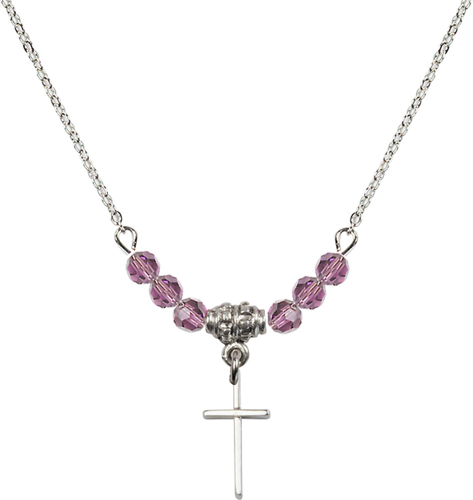 Sterling Silver Cross Birthstone Necklace with Light Amethyst Beads - 0014