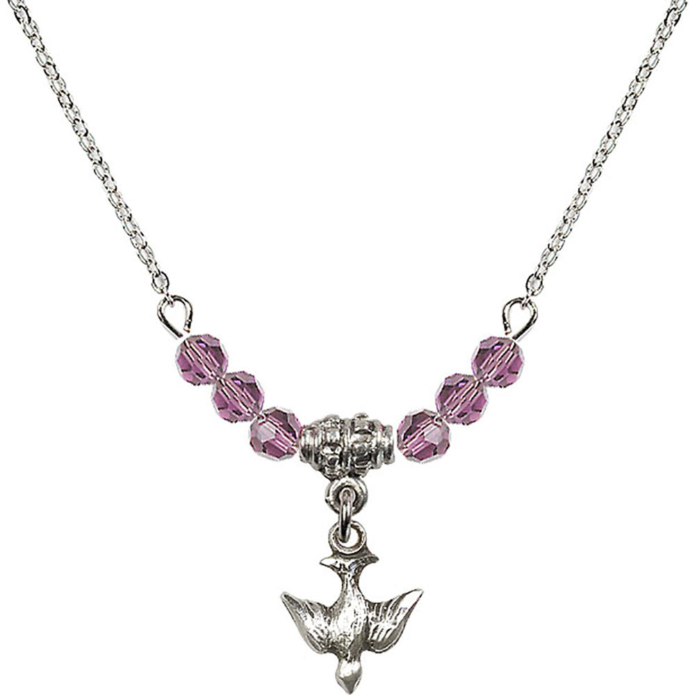 Sterling Silver Holy Spirit Birthstone Necklace with Light Amethyst Beads - 0208