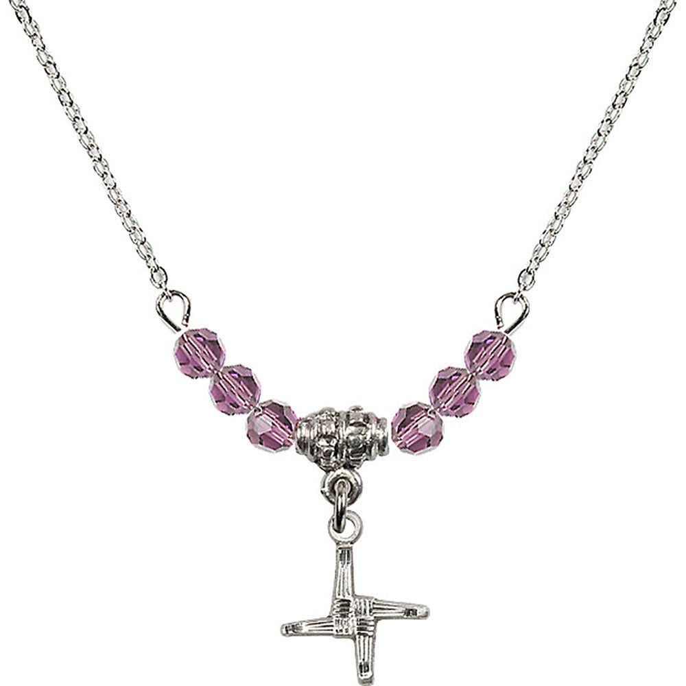 Sterling Silver Saint Brigid Cross Birthstone Necklace with Light Amethyst Beads - 0291