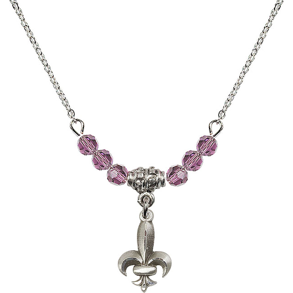 Sterling Silver Fleur de Lis Birthstone Necklace with Light Amethyst Beads - 0293