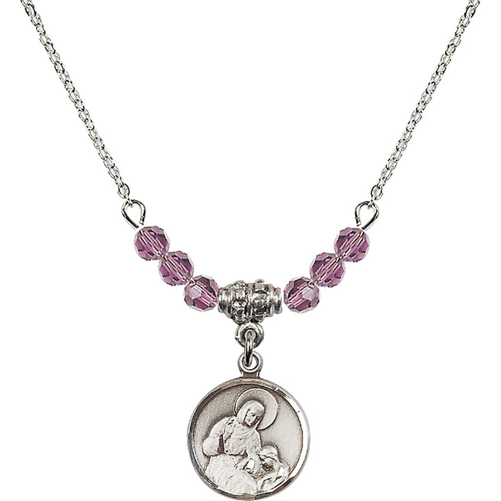 Sterling Silver Saint Ann Birthstone Necklace with Light Amethyst Beads - 0601