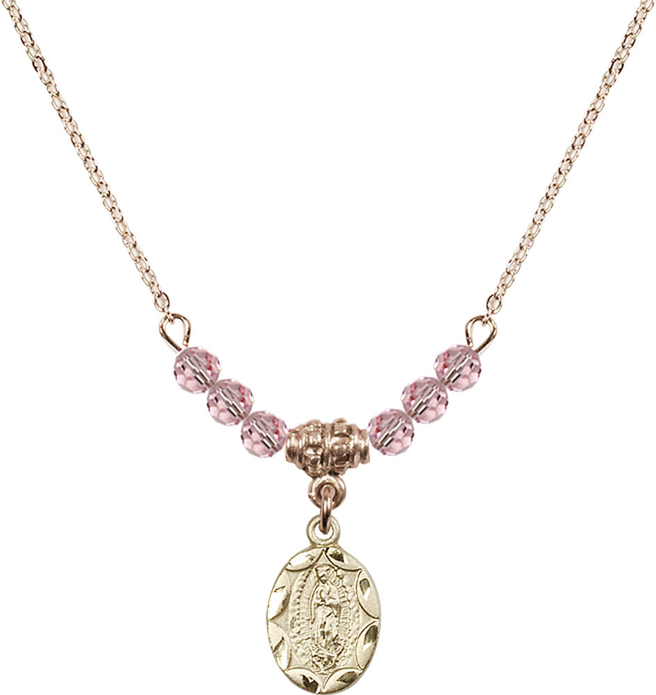 14kt Gold Filled Our Lady of Guadalupe Birthstone Necklace with Light Rose Beads - 0301