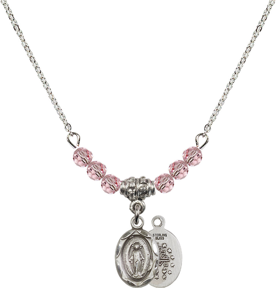 Sterling Silver Miraculous Birthstone Necklace with Light Rose Beads - 0301