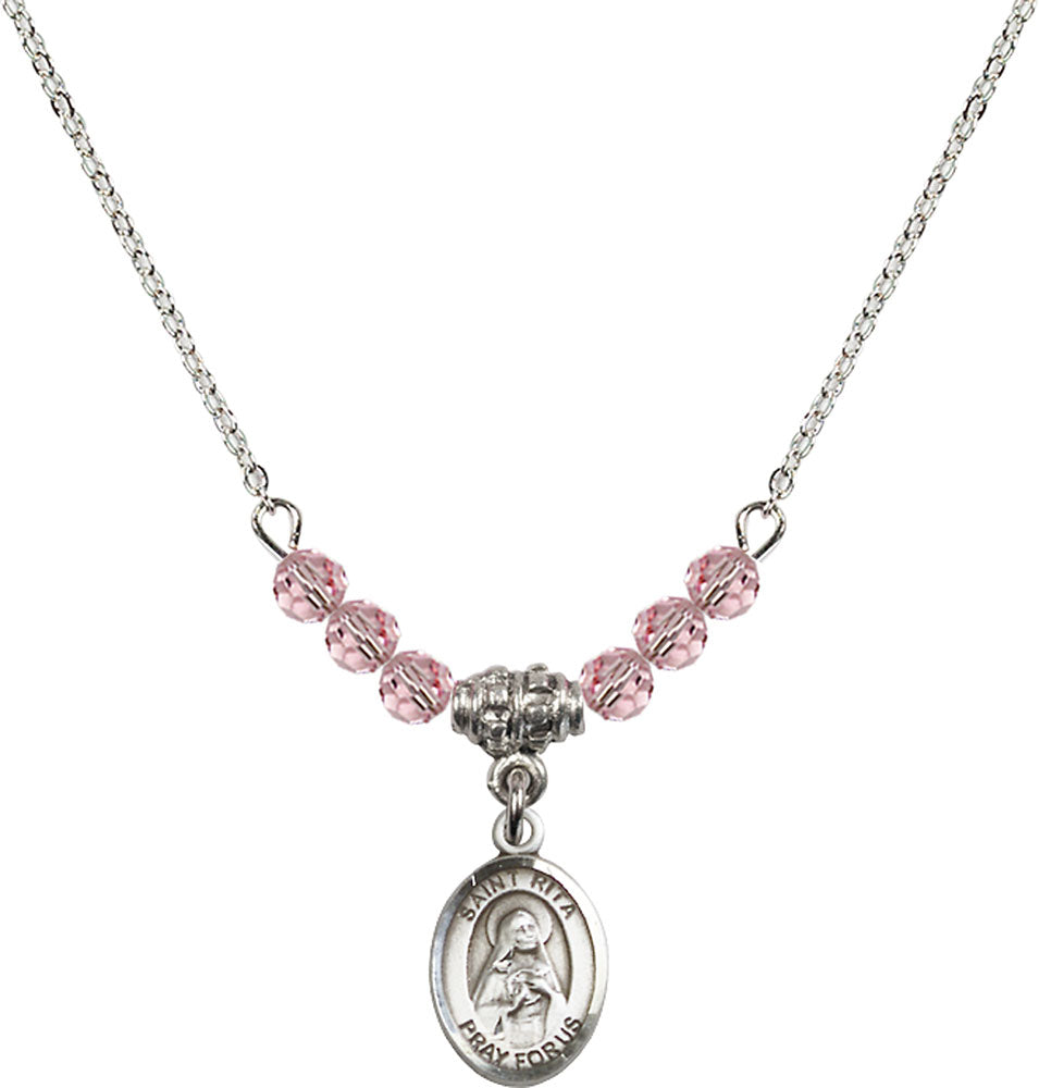 Sterling Silver Saint Rita / Baseball Birthstone Necklace with Light Rose Beads - 9181