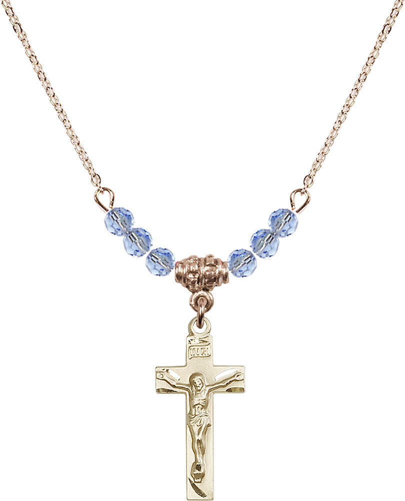 14kt Gold Filled Crucifix Birthstone Necklace with Light Sapphire Beads - 0006