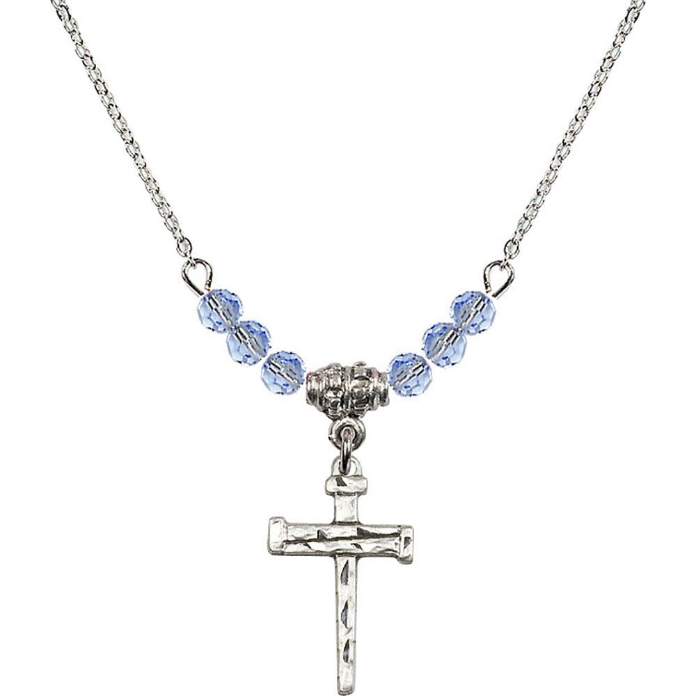 Sterling Silver Nail Cross Birthstone Necklace with Light Sapphire Beads - 0012