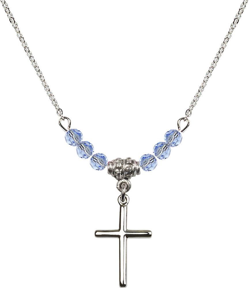 Sterling Silver Cross Birthstone Necklace with Light Sapphire Beads - 0017