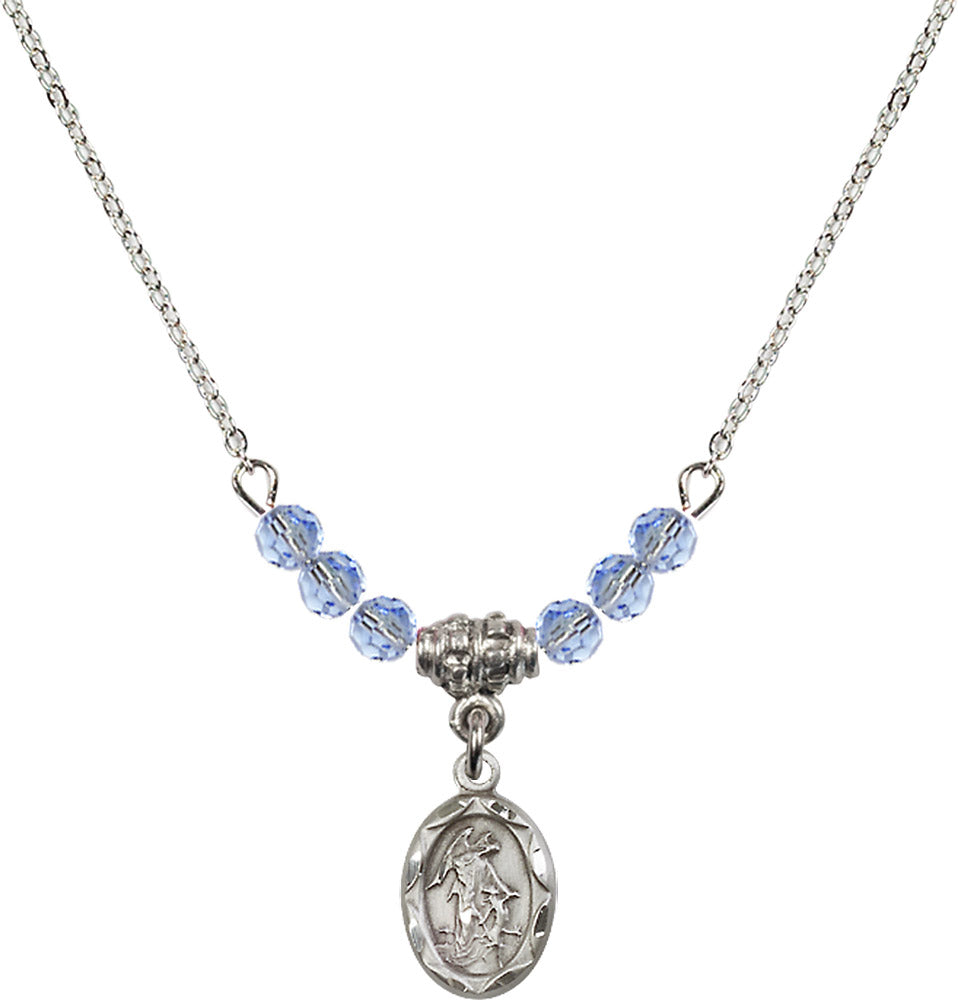 Sterling Silver Guardian Angel Birthstone Necklace with Light Sapphire Beads - 0301