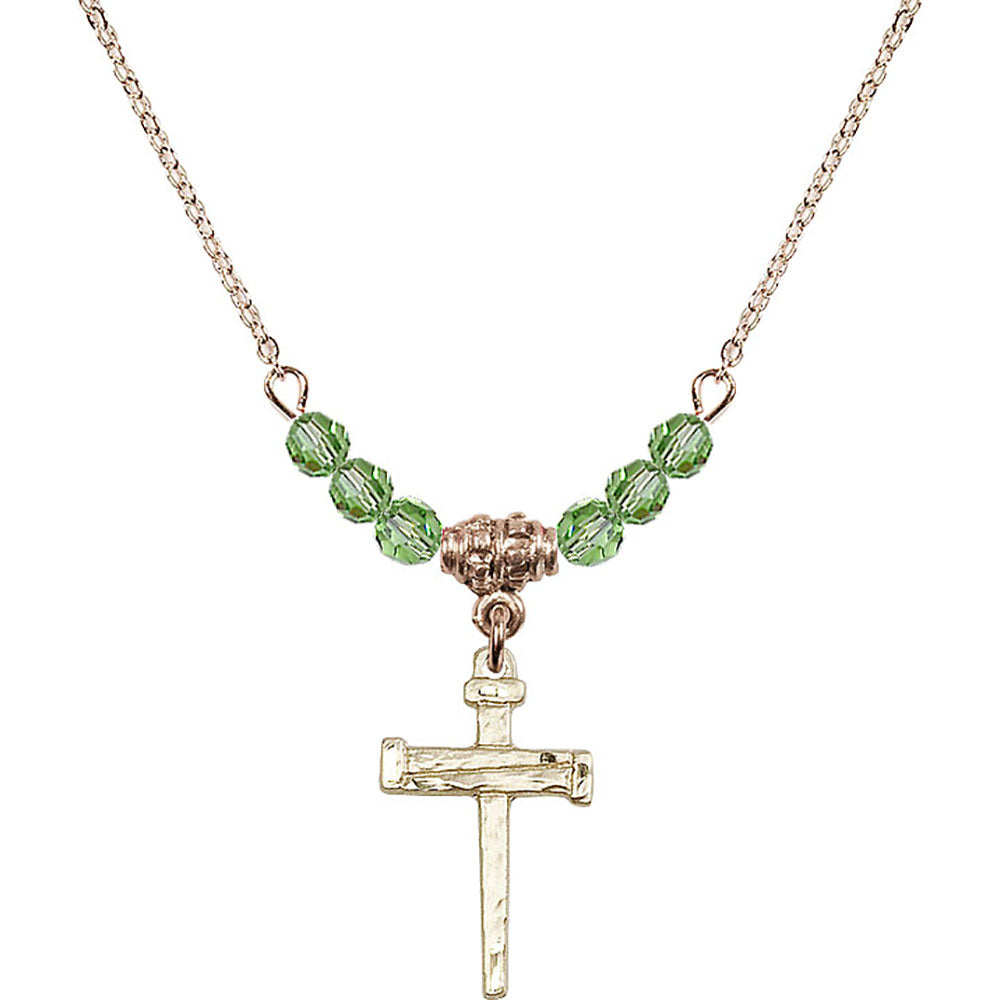 14kt Gold Filled Nail Cross Birthstone Necklace with Peridot Beads - 0012