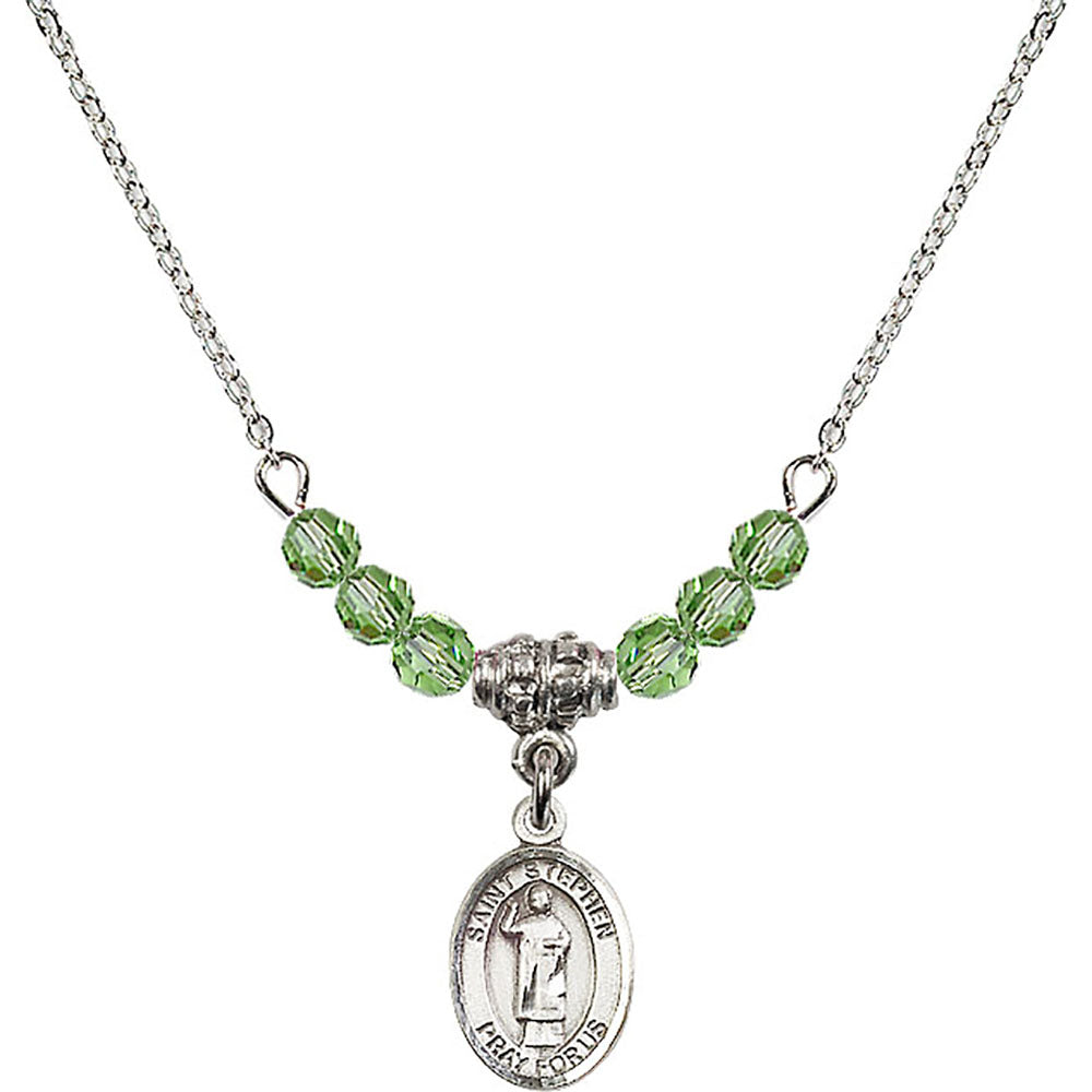 Sterling Silver Saint Stephen the Martyr Birthstone Necklace with Peridot Beads - 9104