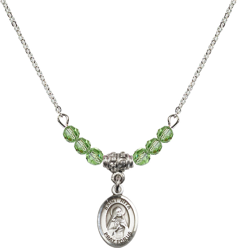 Sterling Silver Saint Rita / Baseball Birthstone Necklace with Peridot Beads - 9181