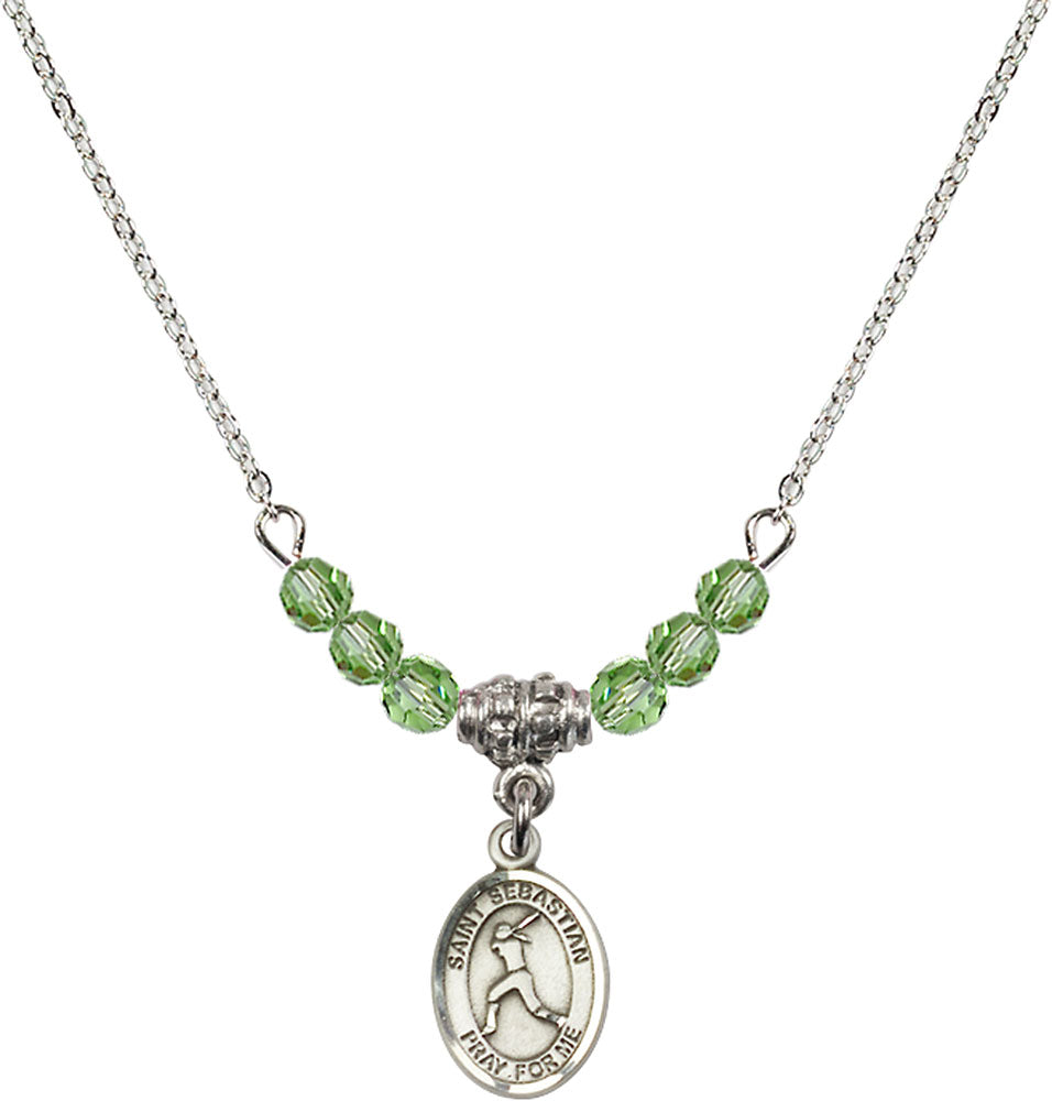 Sterling Silver Saint Sebastian/Softball Birthstone Necklace with Peridot Beads - 9183