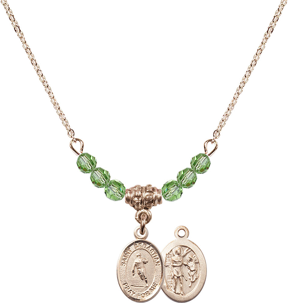 14kt Gold Filled Saint Sebastian / Rugby Birthstone Necklace with Peridot Beads - 9187