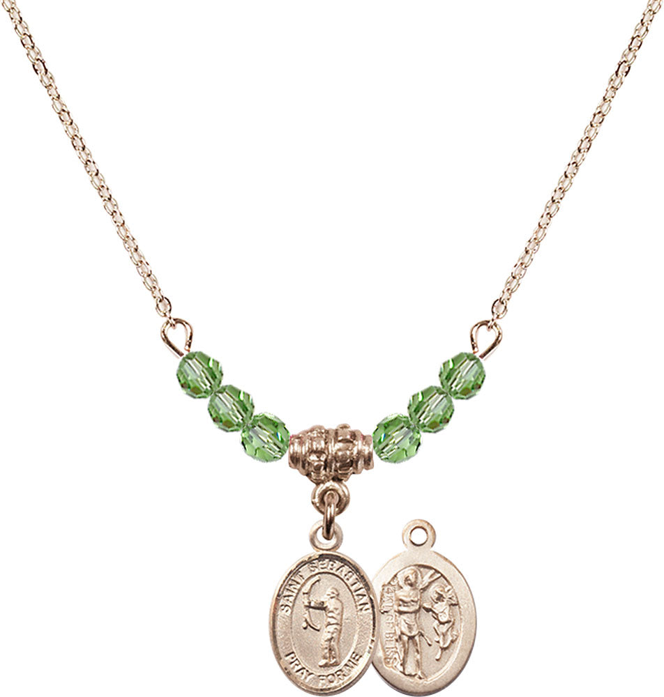 14kt Gold Filled Saint Sebastian / Archery Birthstone Necklace with Peridot Beads - 9189