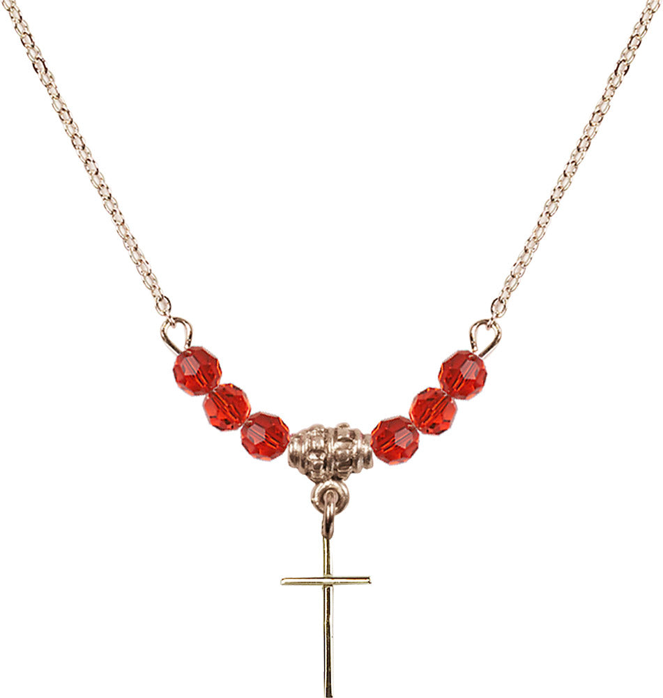 14kt Gold Filled Cross Birthstone Necklace with Ruby Beads - 0014