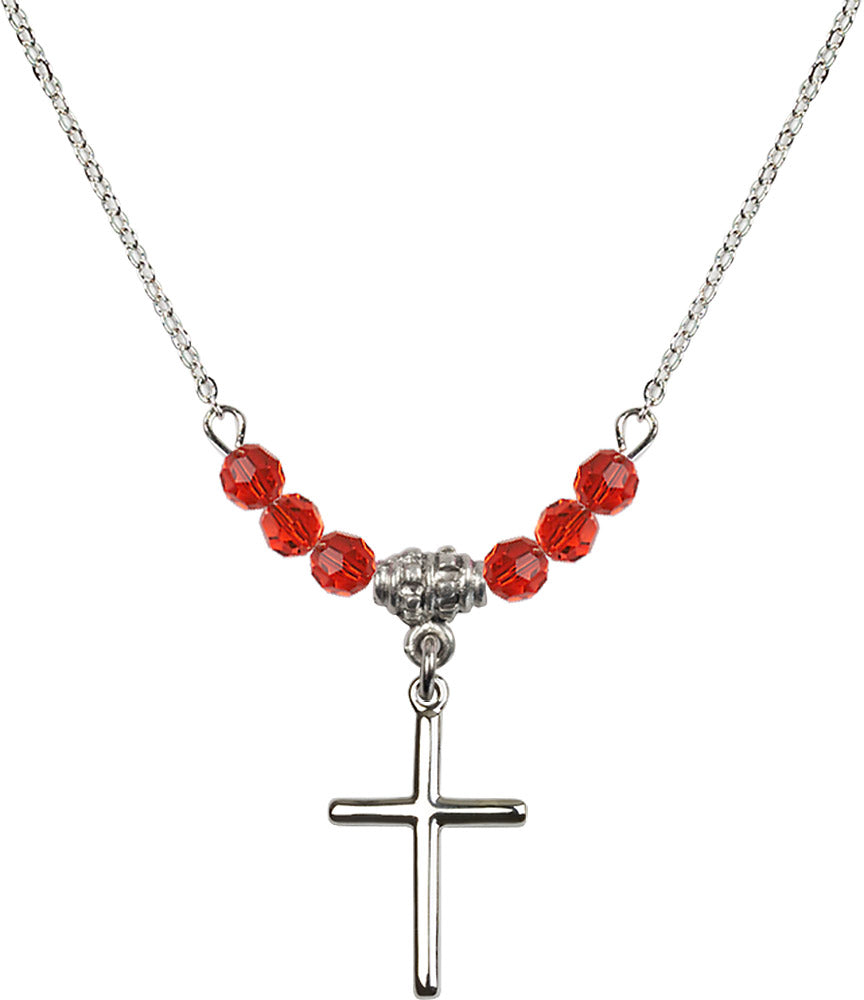 Sterling Silver Cross Birthstone Necklace with Ruby Beads - 0017