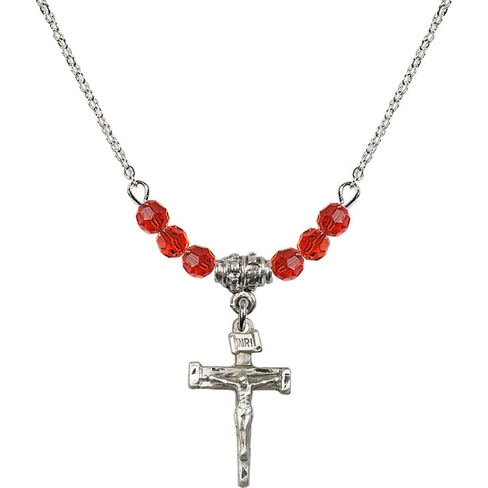 Sterling Silver Nail Crucifix Birthstone Necklace with Ruby Beads - 0072