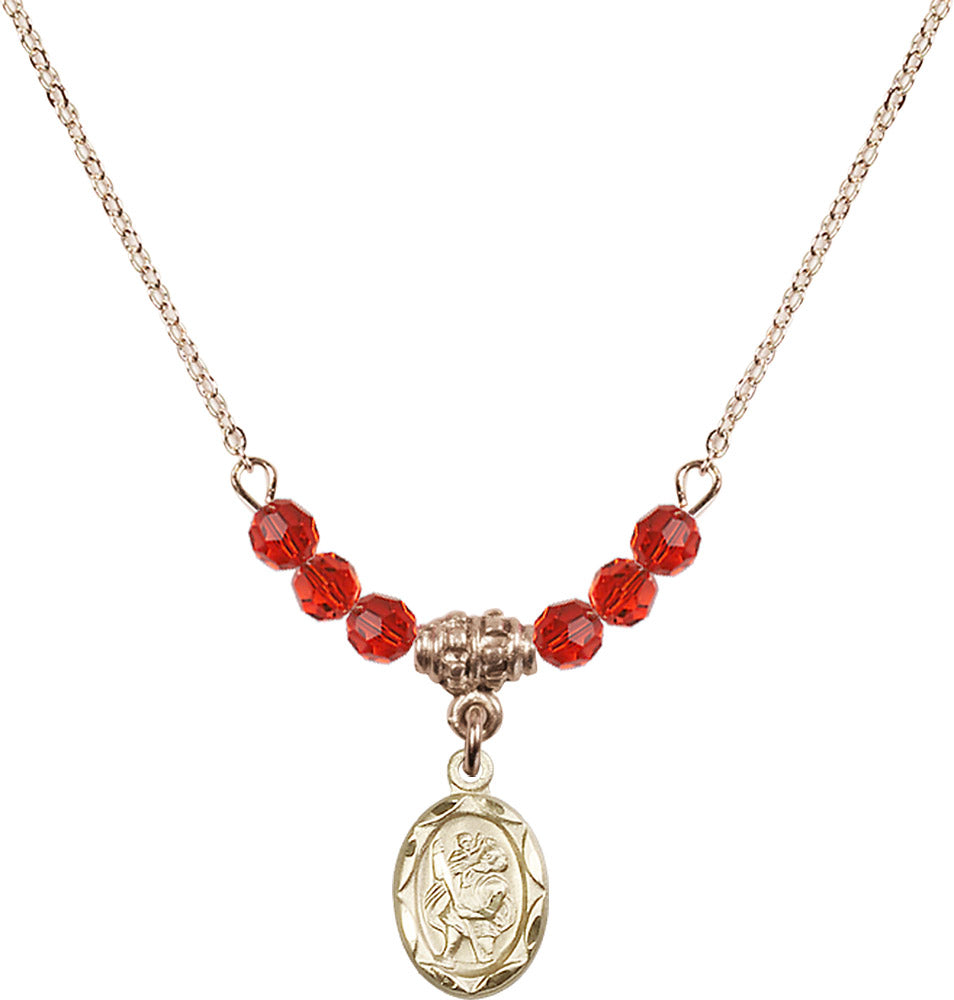 14kt Gold Filled Saint Christopher Birthstone Necklace with Ruby Beads - 0301