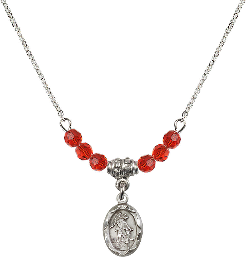 Sterling Silver Guardian Angel Birthstone Necklace with Ruby Beads - 0301