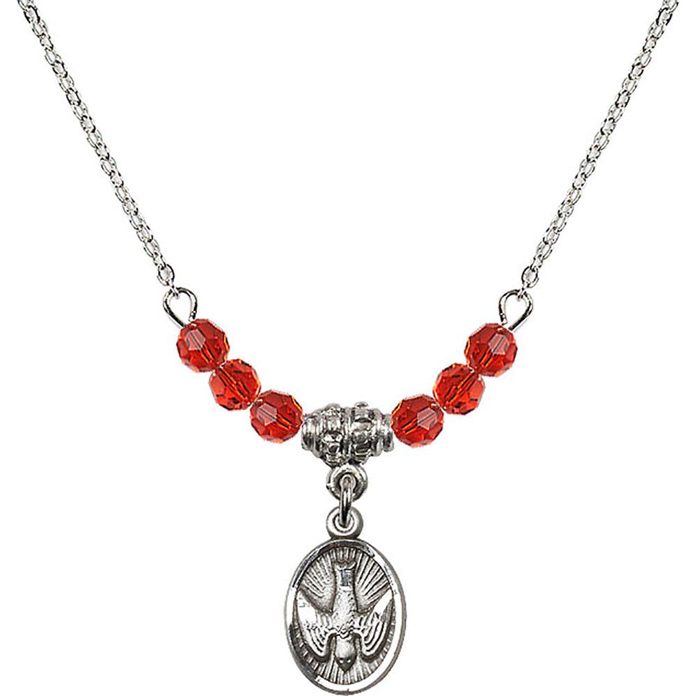 Sterling Silver Holy Spirit Birthstone Necklace with Ruby Beads - 0982