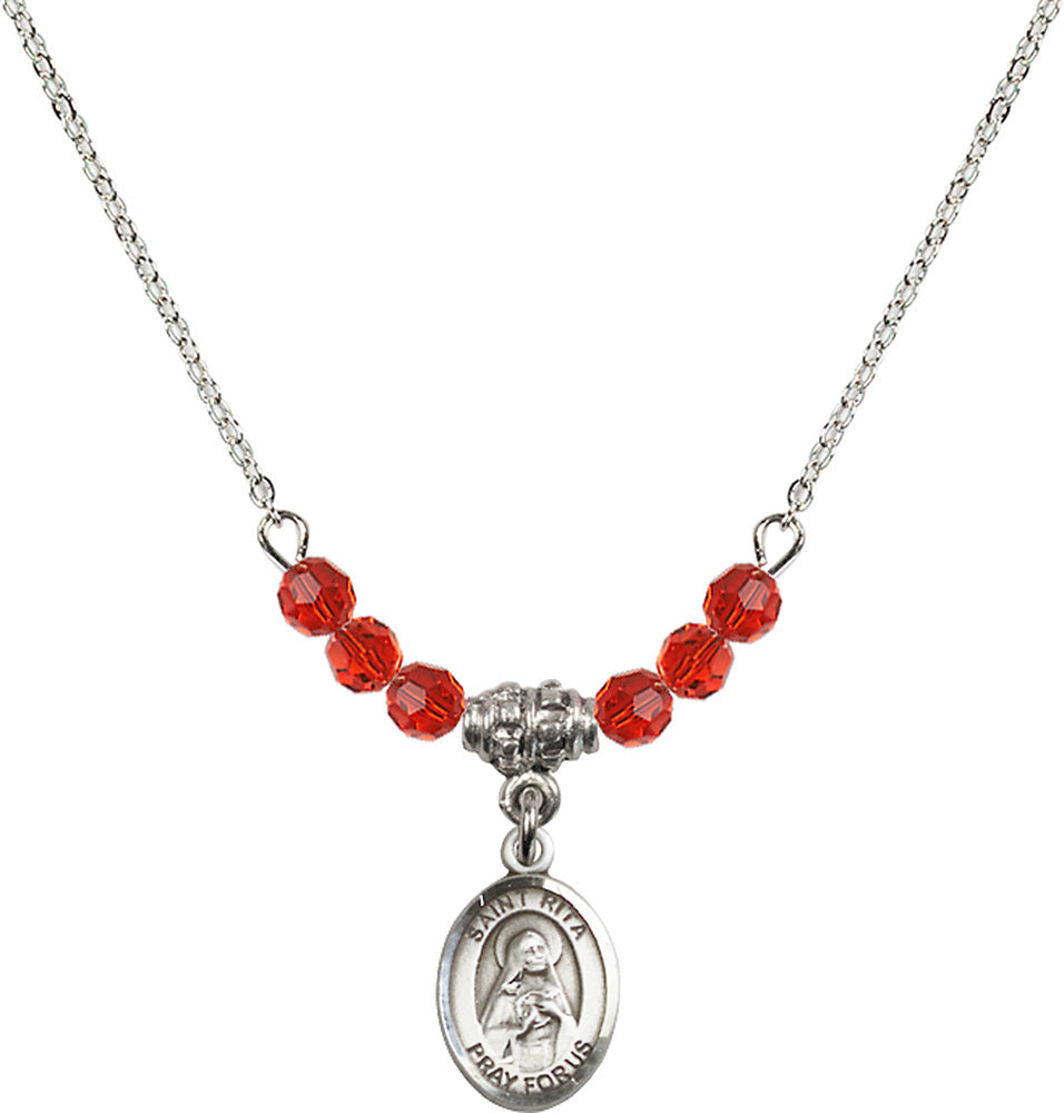 Sterling Silver Saint Rita / Baseball Birthstone Necklace with Ruby Beads - 9181