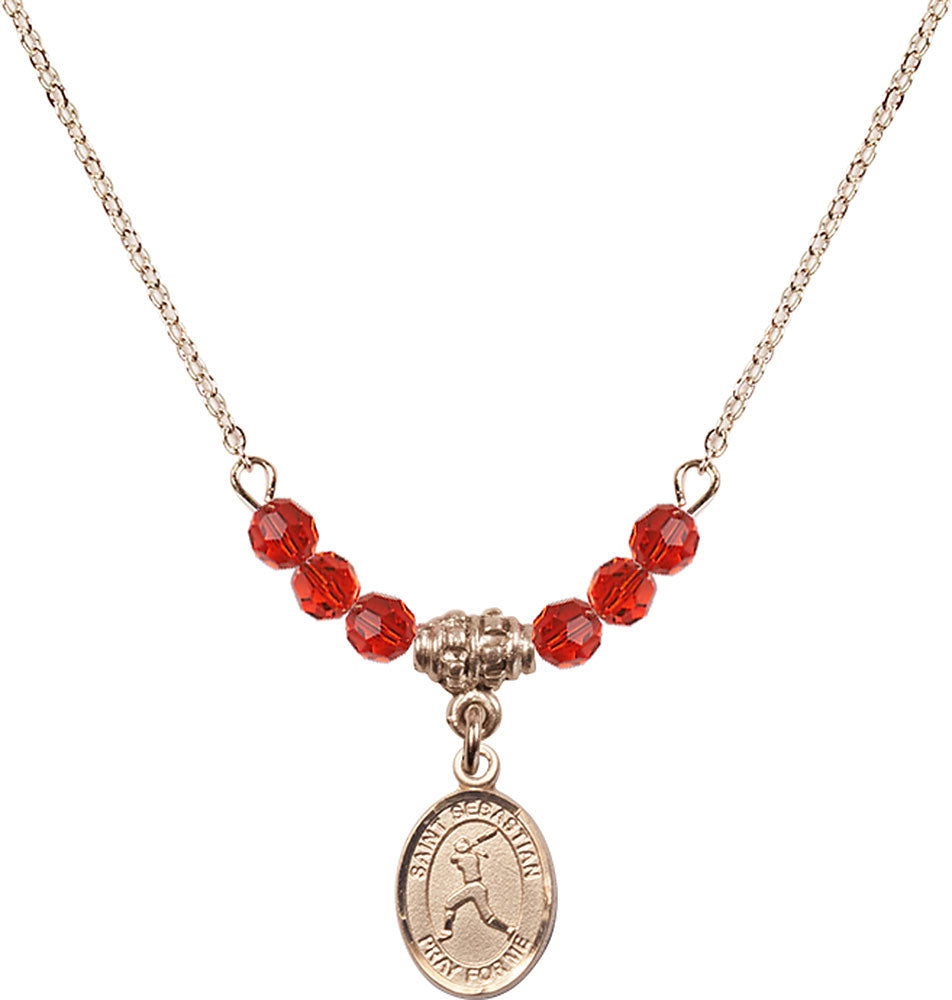 14kt Gold Filled Saint Sebastian/Softball Birthstone Necklace with Ruby Beads - 9183