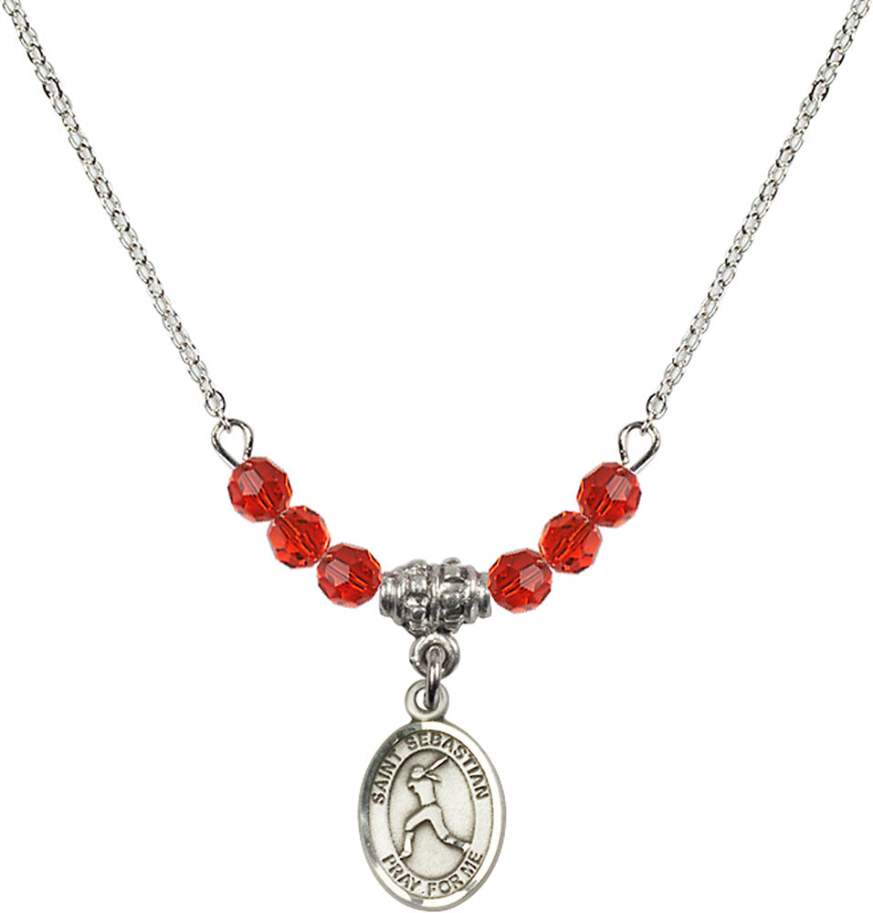 Sterling Silver Saint Sebastian/Softball Birthstone Necklace with Ruby Beads - 9183