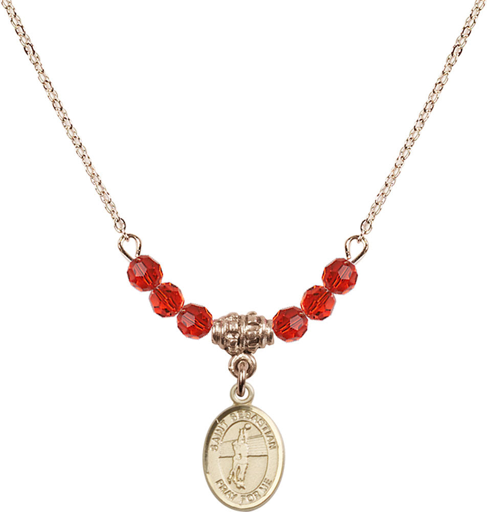 14kt Gold Filled Saint Sebastian / Volleyball Birthstone Necklace with Ruby Beads - 9186