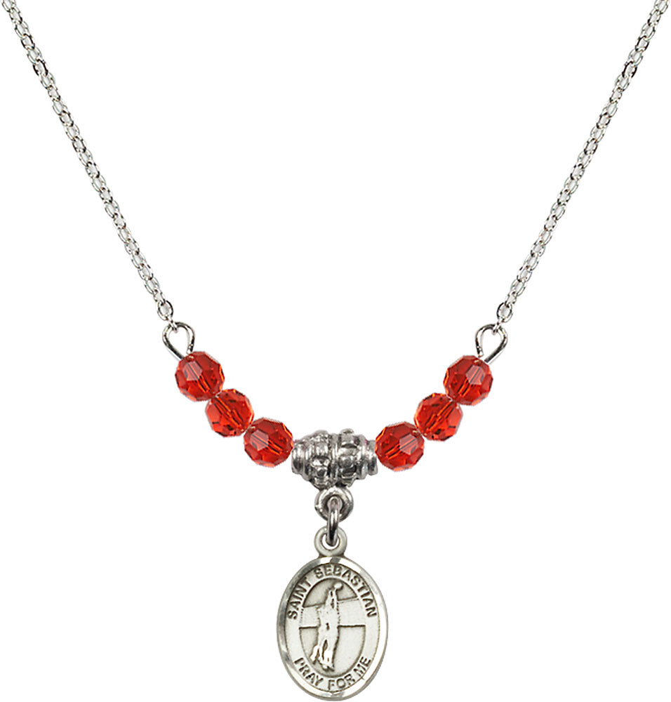 Sterling Silver Saint Sebastian / Volleyball Birthstone Necklace with Ruby Beads - 9186