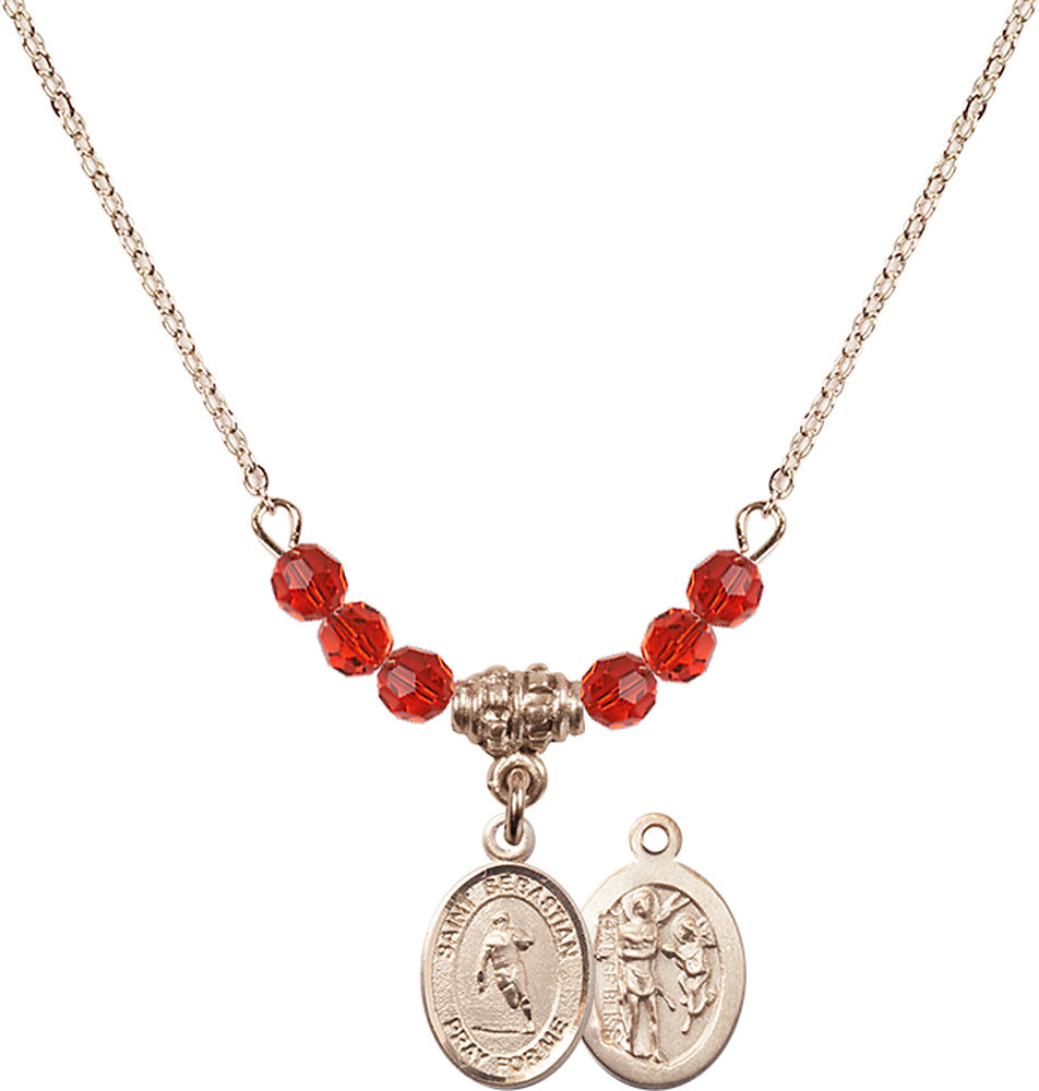 14kt Gold Filled Saint Sebastian / Rugby Birthstone Necklace with Ruby Beads - 9187