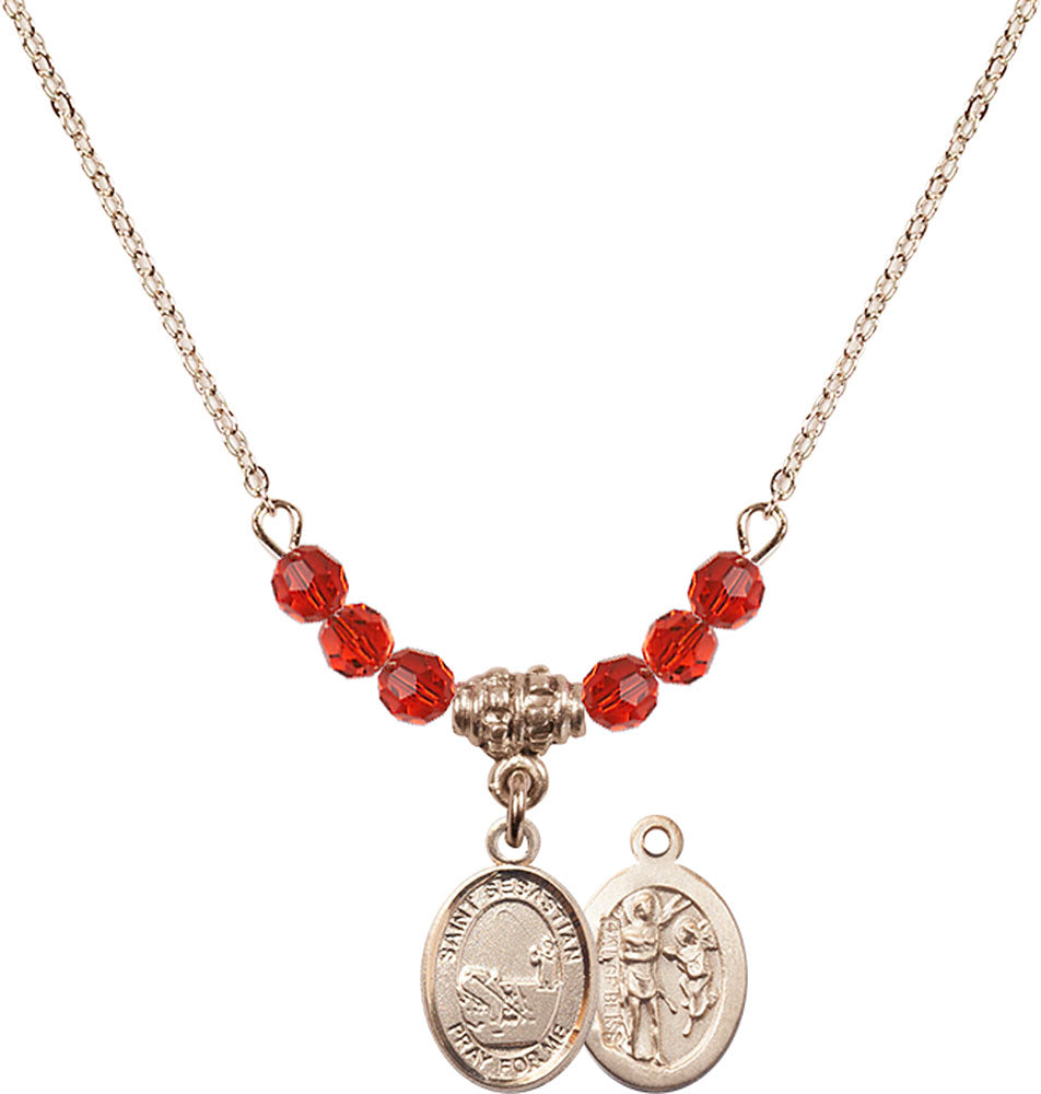 14kt Gold Filled Saint Sebastian / Fishing Birthstone Necklace with Ruby Beads - 9188