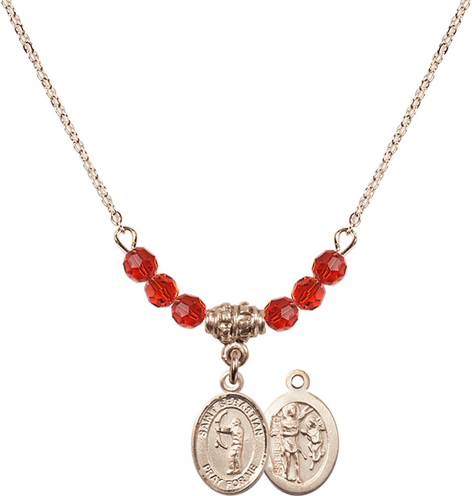 14kt Gold Filled Saint Sebastian / Archery Birthstone Necklace with Ruby Beads - 9189