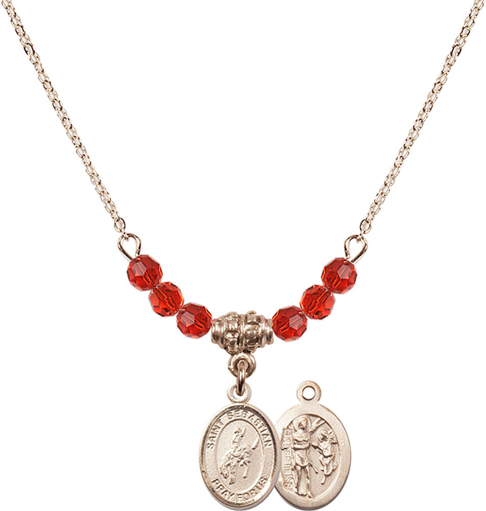 14kt Gold Filled Saint Sebastian / Rodeo Birthstone Necklace with Ruby Beads - 9191