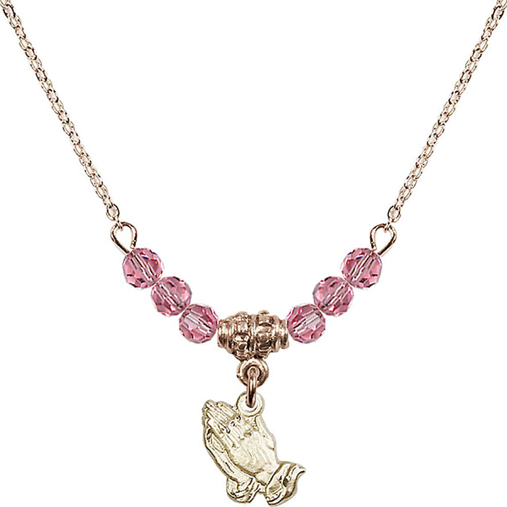 14kt Gold Filled Praying Hands Birthstone Necklace with Rose Beads - 0220