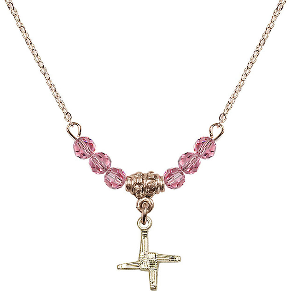 14kt Gold Filled Saint Brigid Cross Birthstone Necklace with Rose Beads - 0291