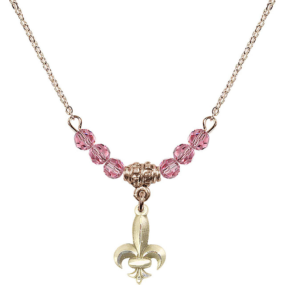 14kt Gold Filled Fleur de Lis Birthstone Necklace with Rose Beads - 0293