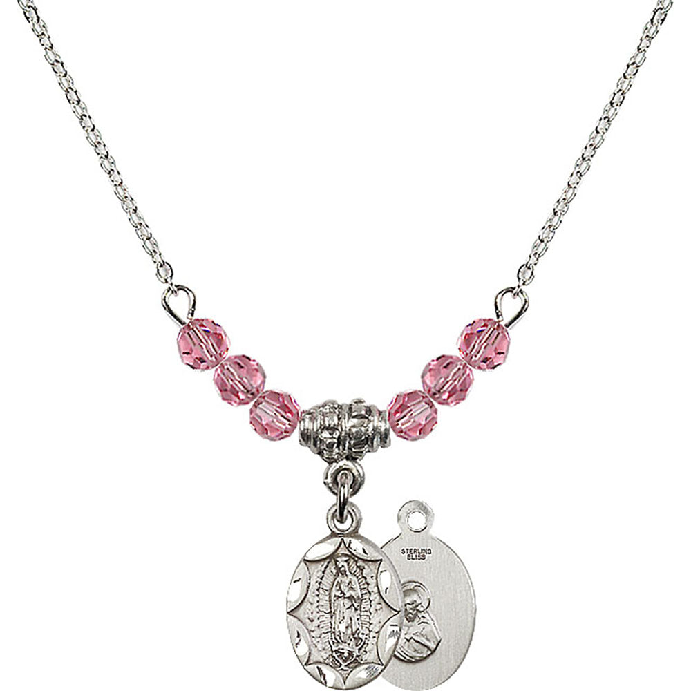 Sterling Silver Our Lady of Guadalupe Birthstone Necklace with Rose Beads - 0301