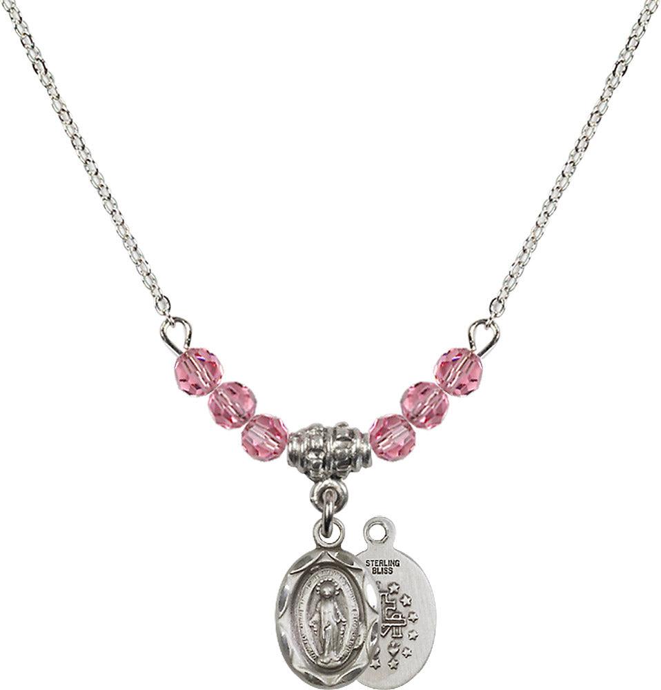 Sterling Silver Miraculous Birthstone Necklace with Rose Beads - 0301